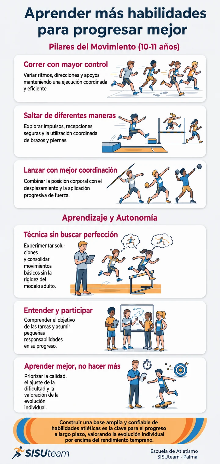 Infografía sobre las bases para progresar en atletismo entre los 10 y los 11 años, categoría Sub-12 del Club de Atletismo SISU.